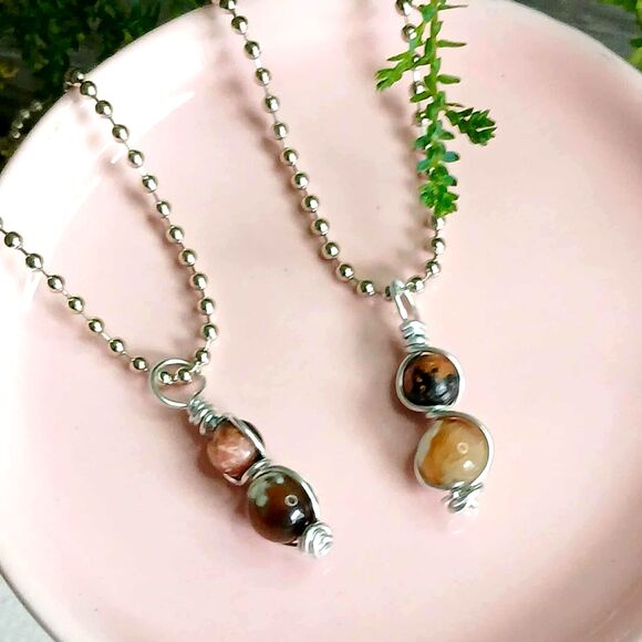 Rhodonite & Agate Crystal Necklace, Gemstone Necklace, 16" Ball Chain - Picture 3 of 4